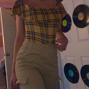 Yellow Off the Shoulder Striped 3 Button Body Suit